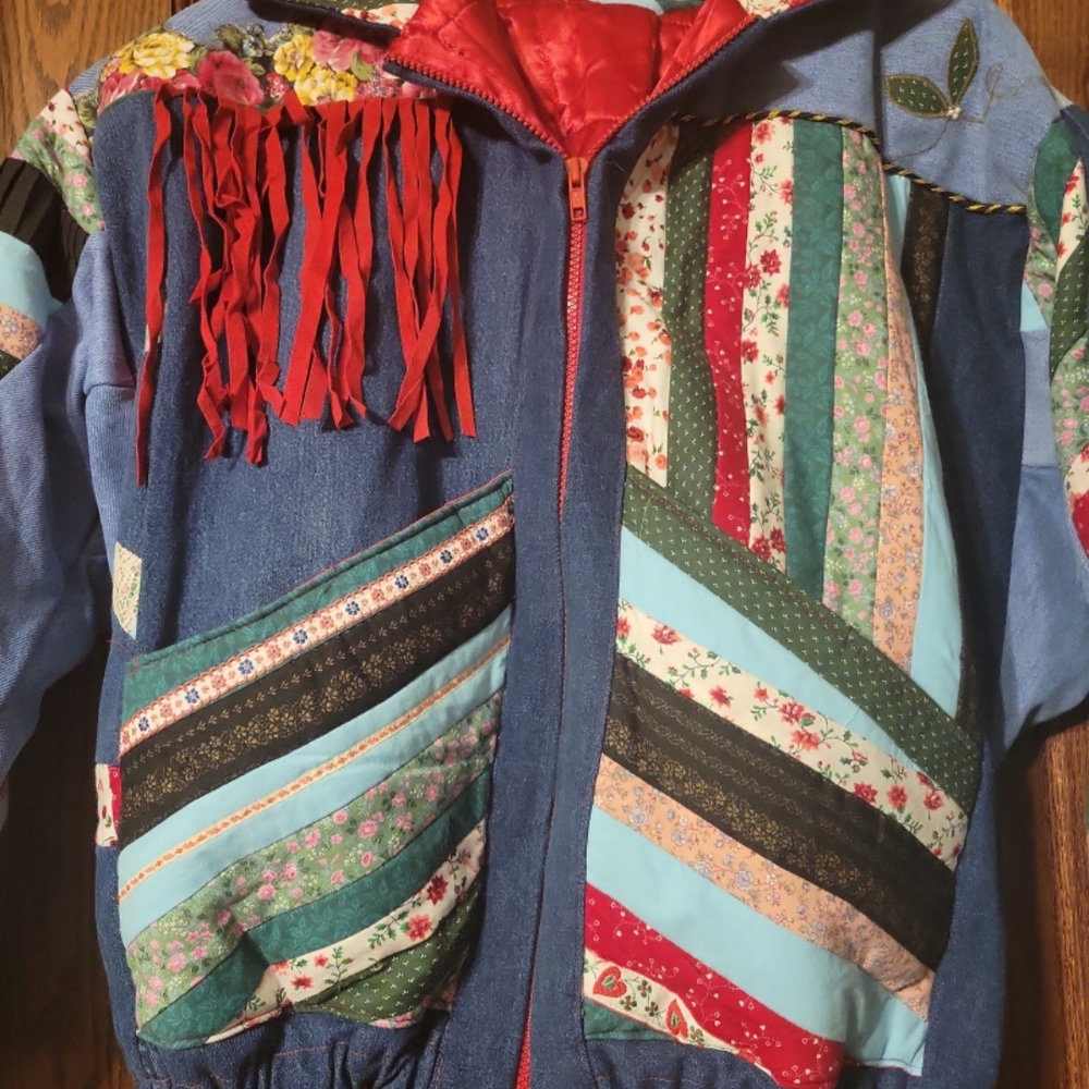 Patchwork Denim Jacket With Red Accents - image 8